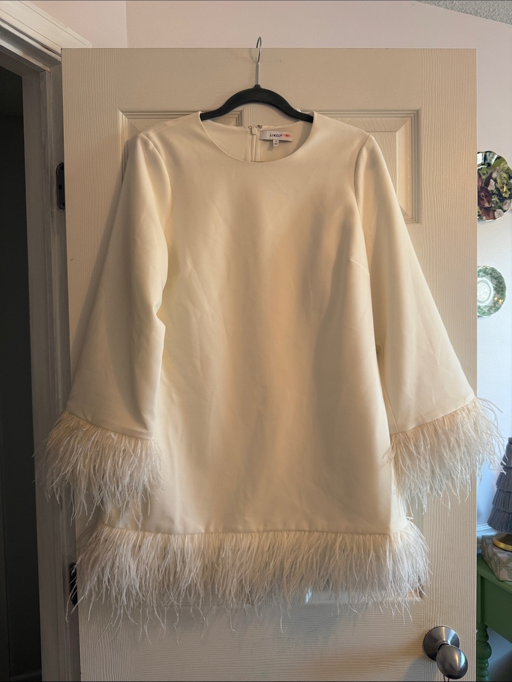 Likely Cream Feather-Trim Mini Dress